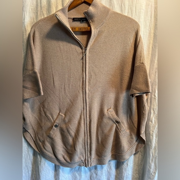 Whitehouse Black Market tan sweater. Zip up, half sleeves. Rounded bottom. - Picture 2 of 7